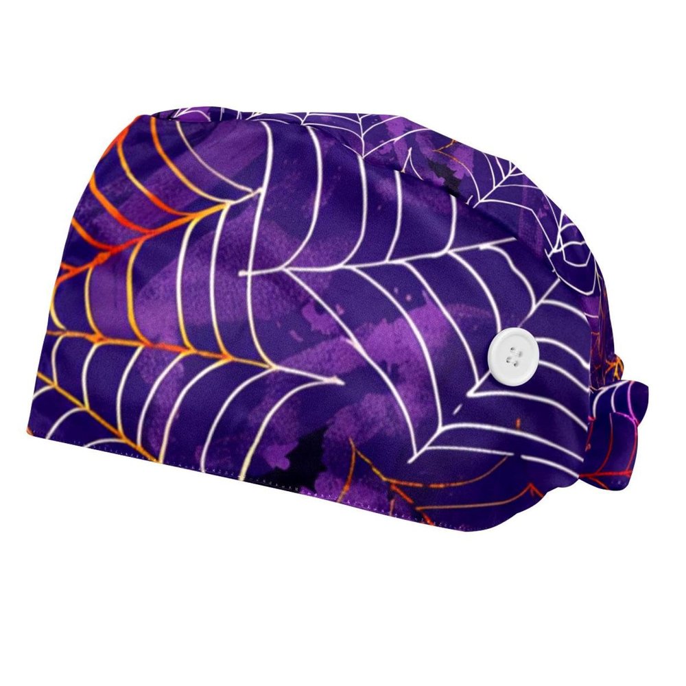 2-Pc,Bouffant Nurse Hats,Scrub Cap Adjustable Scrub Hats with Sweatband,Cob Webs and Purple Animals