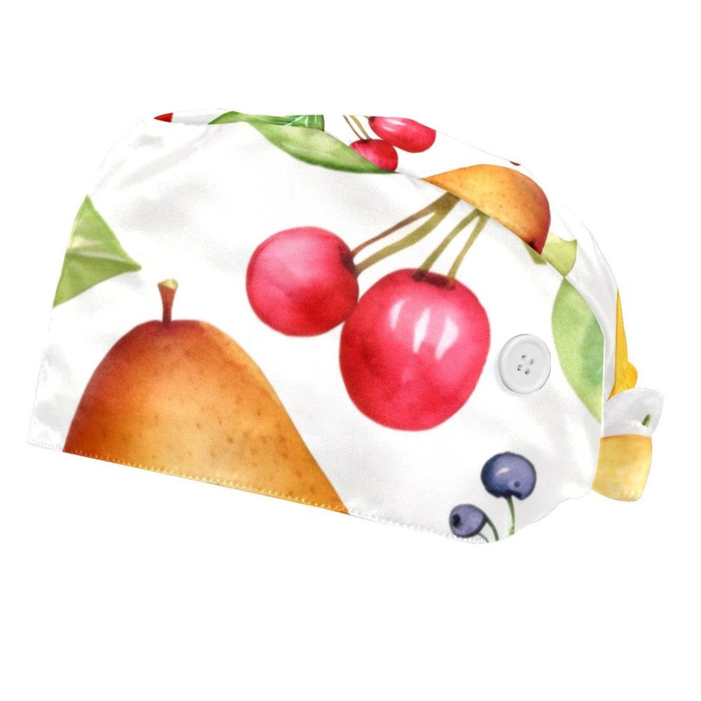 2-Pc,Bouffant Nurse Hats,Scrub Cap Adjustable Scrub Hats with Sweatband,Colorful Fruit Seamless Pattern