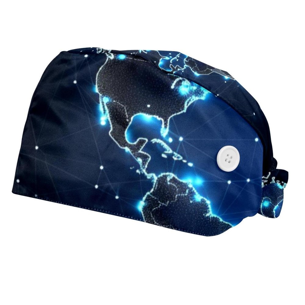 2-Pc,Bouffant Nurse Hats,Scrub Cap Adjustable Scrub Hats with Sweatband,Abstract Stars World Map Sky