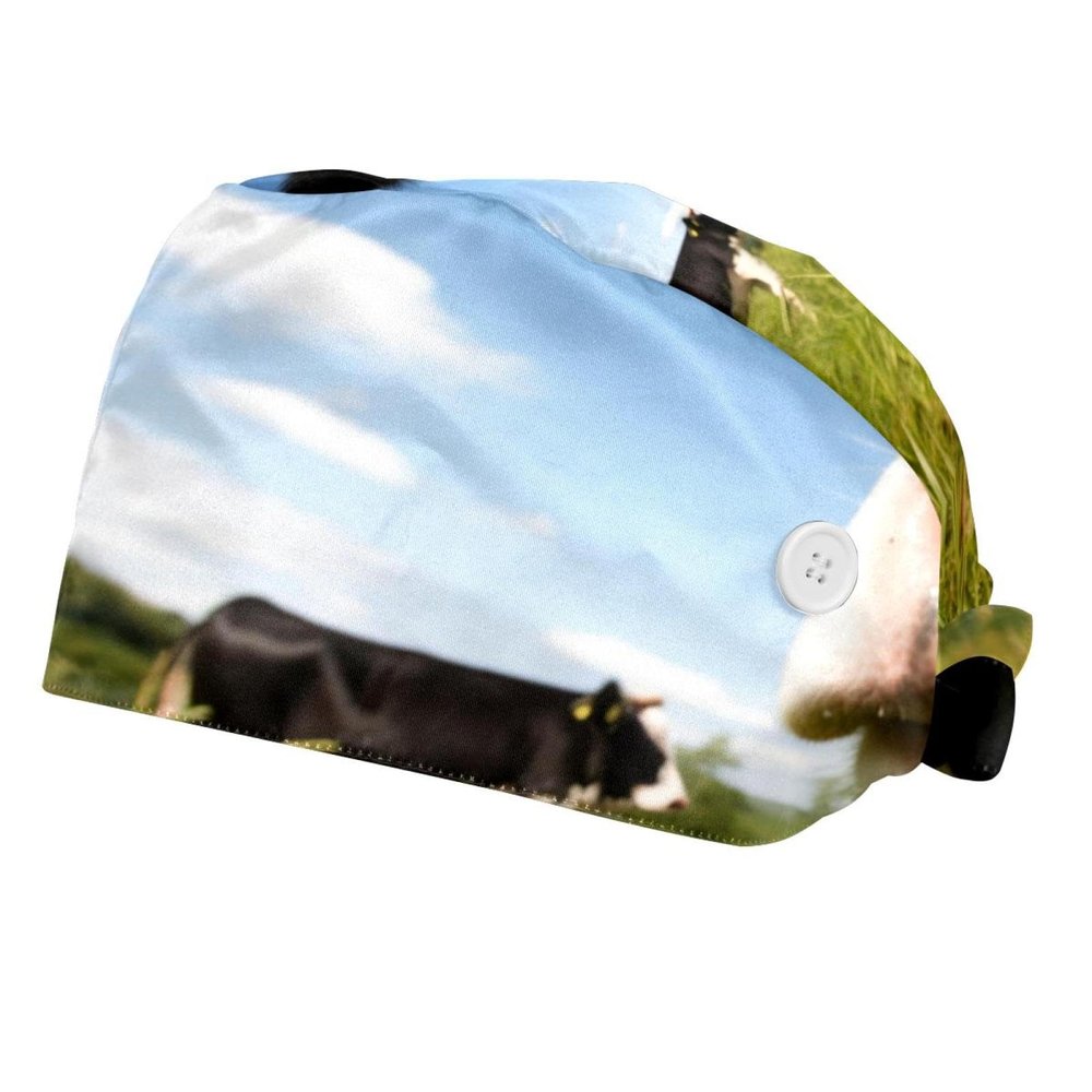 2-Pc,Bouffant Nurse Hats,Scrub Cap Adjustable Scrub Hats with Sweatband,Cow Green Glass Sky