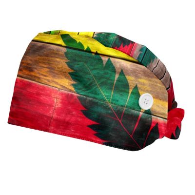 2-Pc,Bouffant Nurse Hats,Scrub Cap Adjustable Scrub Hats with Sweatband,Wood Abstract Leaf Flag Colorful