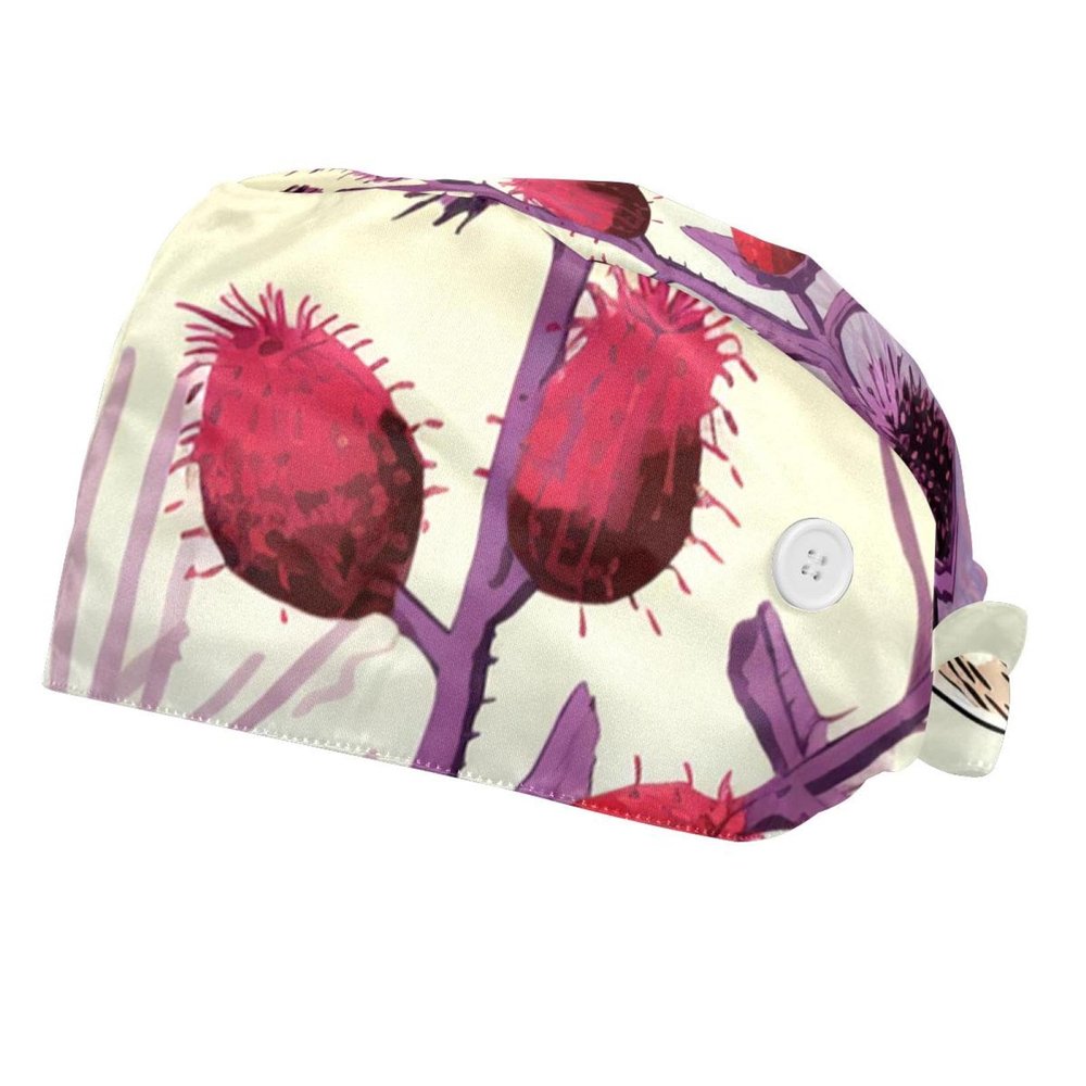2-Pc,Bouffant Nurse Hats,Scrub Cap Adjustable Scrub Hats with Sweatband,Bird Purple Flower Bush