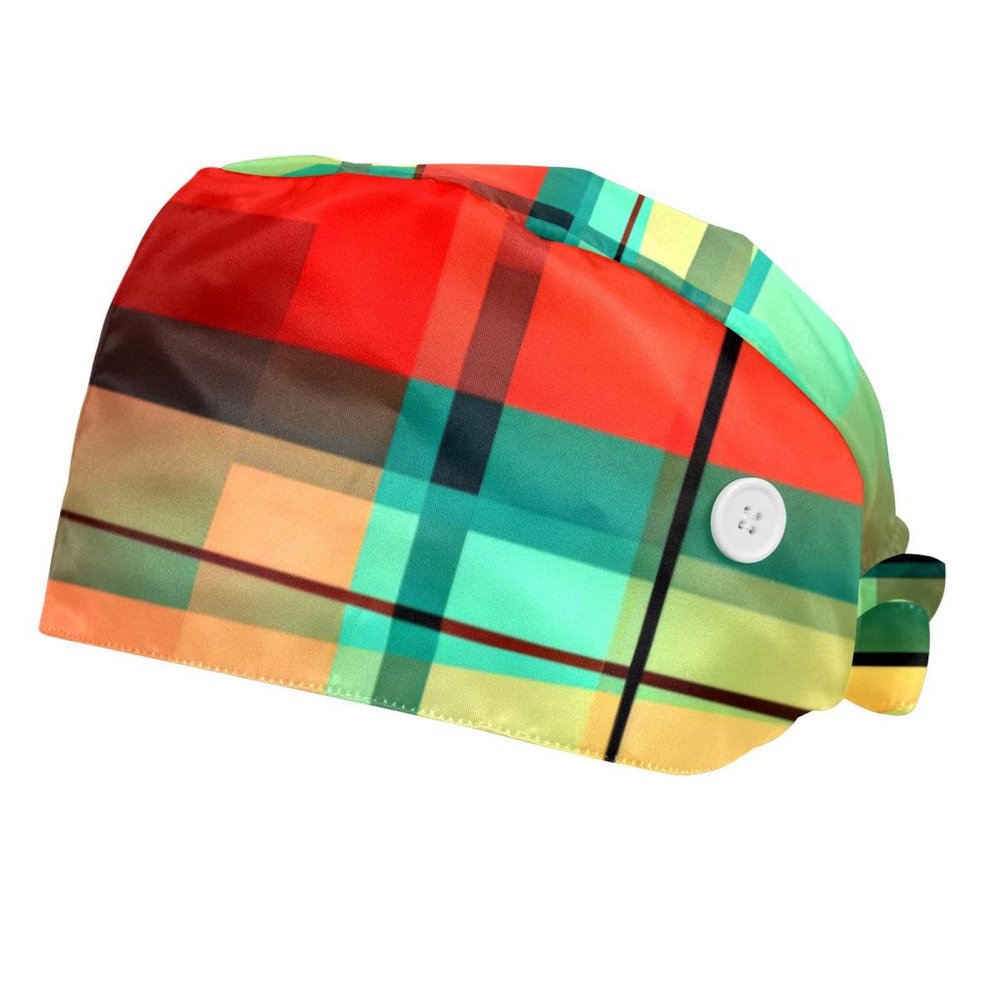 YTYVAGT 2-Pc,Bouffant Nurse Hats,Workout Hat with Buttons and Cotton Sweatband,Abstract Geometric Colored Lattice Patte