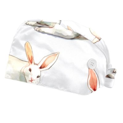 2-Pc,Bouffant Nurse Hats,Scrub Cap Adjustable Scrub Hats with Sweatband,Cute Watercolor Rabbits