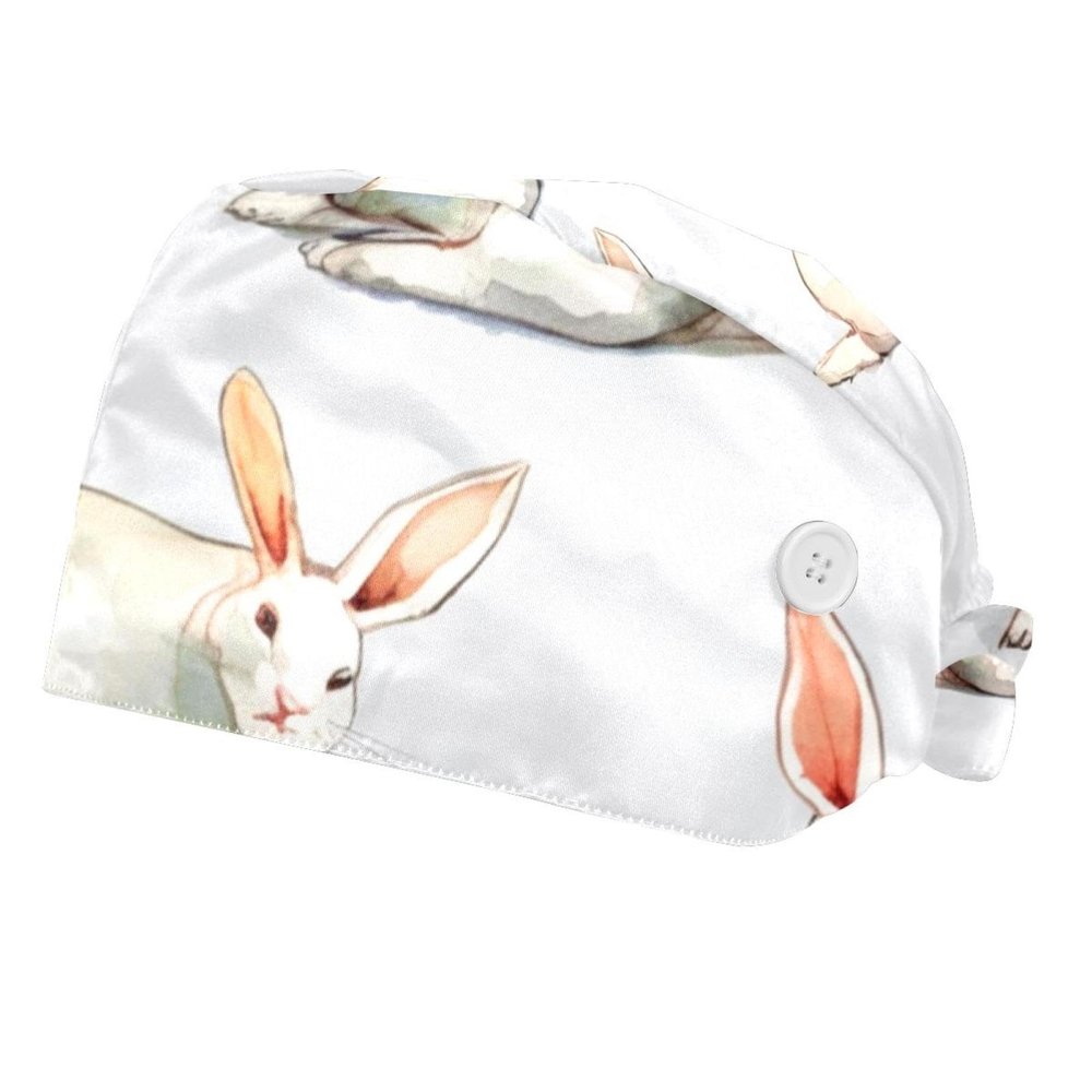 2-Pc,Bouffant Nurse Hats,Scrub Cap Adjustable Scrub Hats with Sweatband,Cute Watercolor Rabbits