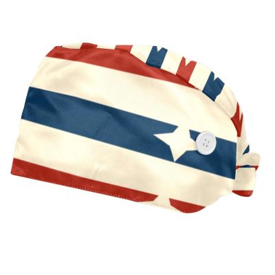 2-Pc,Bouffant Nurse Hats,Scrub Cap Adjustable Scrub Hats with Sweatband,American Stars Red Blue Stripes