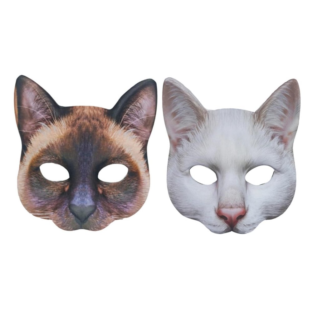 VICASKY 2pcs Unisex Realistic Cat Half Face Covers for Halloween Carnival Masquerade Brown White Animal Masks for Costume Parties and Festivals