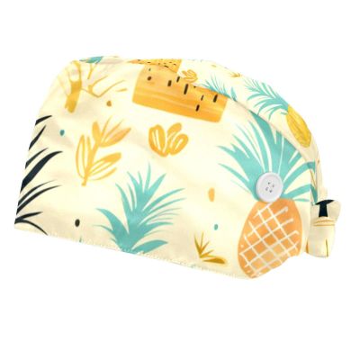 2-Pc,Bouffant Nurse Hats,Scrub Cap Adjustable Scrub Hats with Sweatband,Fruit Pattern Pineapple Leaves
