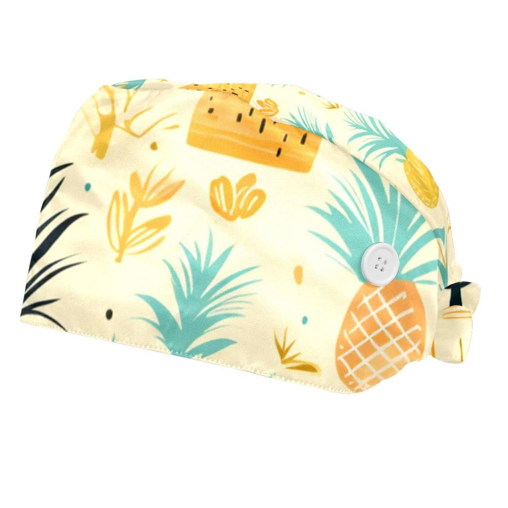 2-Pc,Bouffant Nurse Hats,Scrub Cap Adjustable Scrub Hats with Sweatband,Fruit Pattern Pineapple Leaves