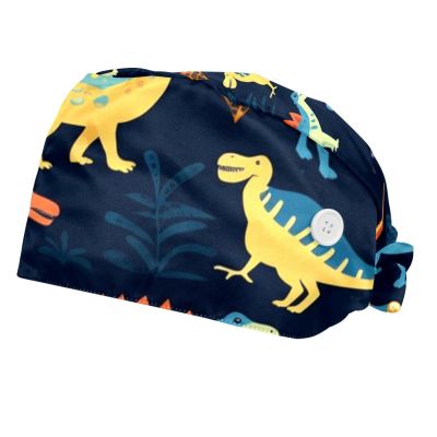 2-Pc,Bouffant Nurse Hats,Scrub Cap Adjustable Scrub Hats with Sweatband,Cartoon Colored Dinosaurs