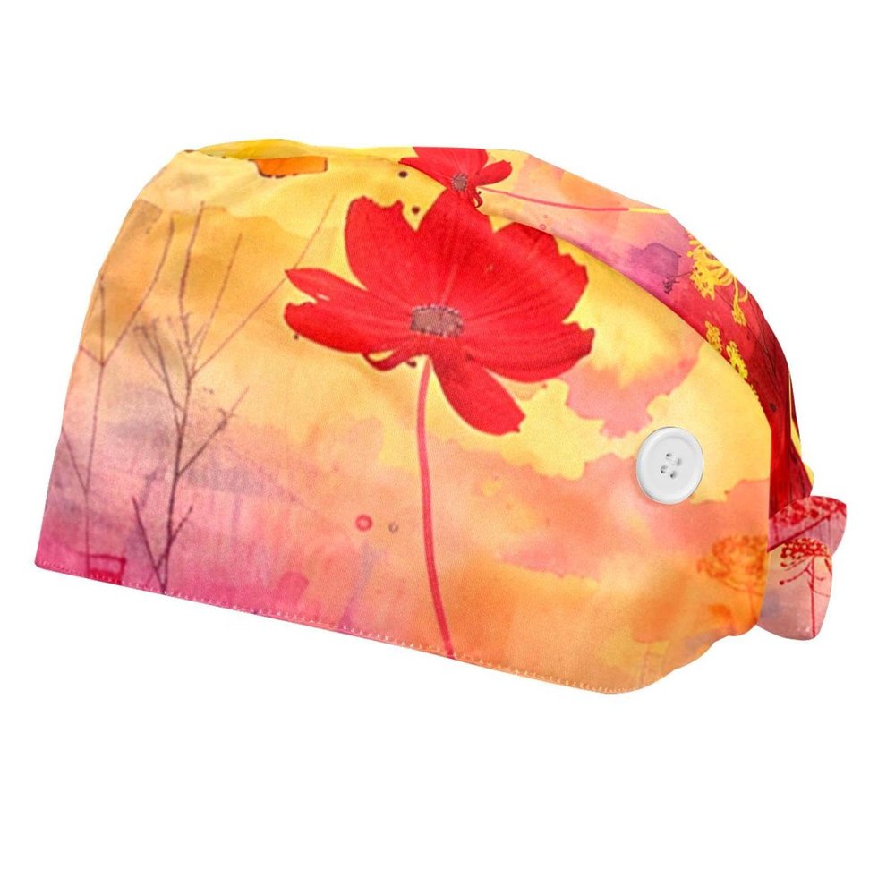 2-Pc,Bouffant Nurse Hats,Scrub Cap Adjustable Scrub Hats with Sweatband,Watercolor Summer Gragonfly