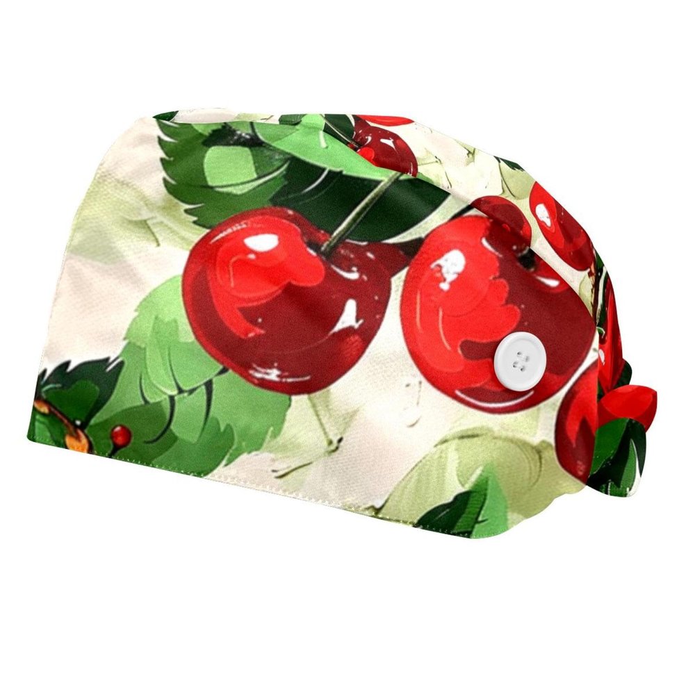 2-Pc,Bouffant Nurse Hats,Scrub Cap Adjustable Scrub Hats with Sweatband,Fruitwatercolor Cherry