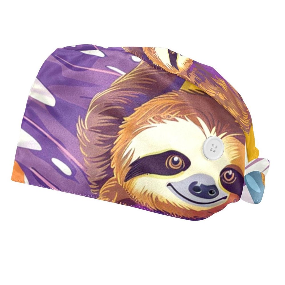 2-Pc,Bouffant Nurse Hats,Scrub Cap Adjustable Scrub Hats with Sweatband,Tropical Surf Cartoon Sloth