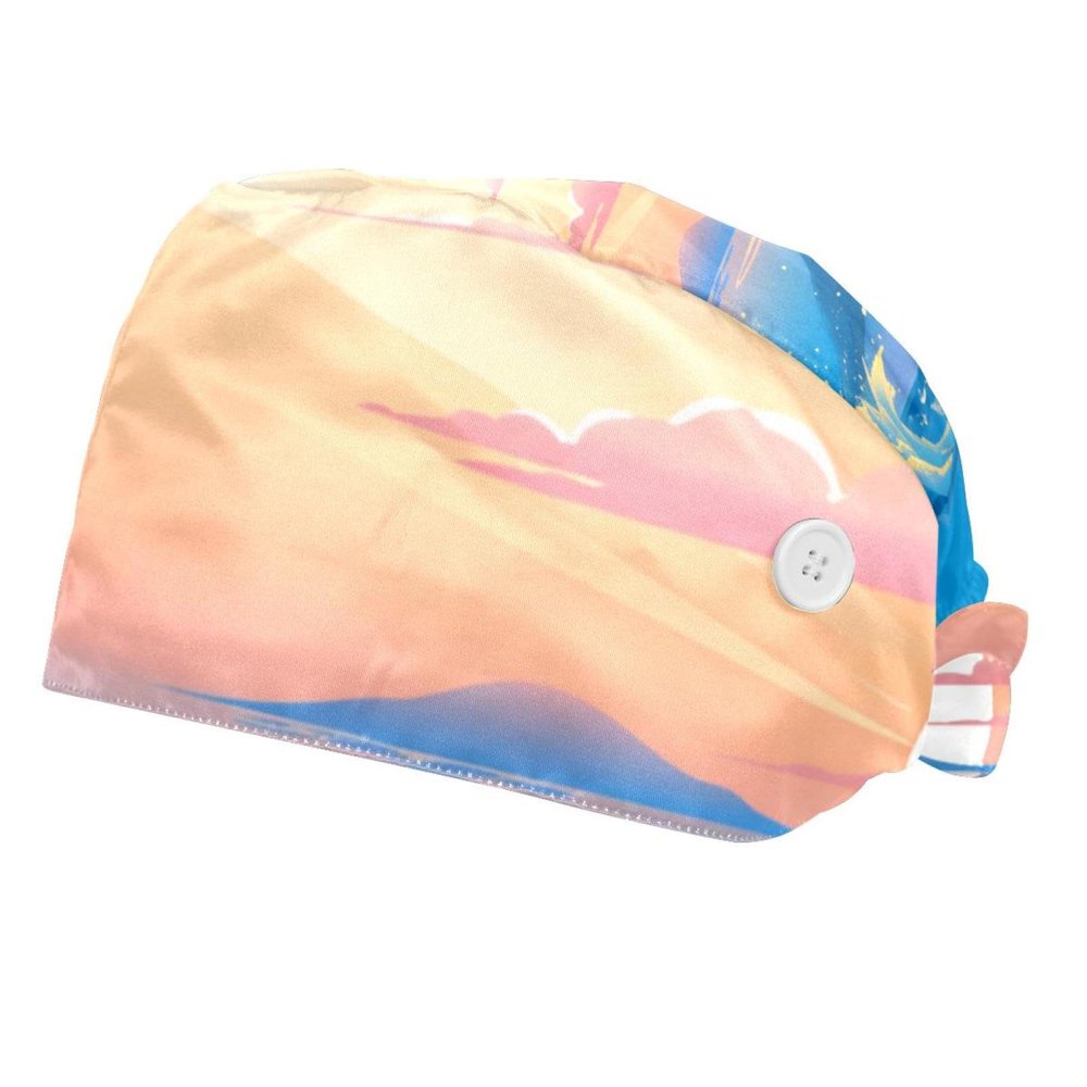 2-Pc,Bouffant Nurse Hats,Scrub Cap Adjustable Scrub Hats with Sweatband,Sea Dolphins Jumping Moon
