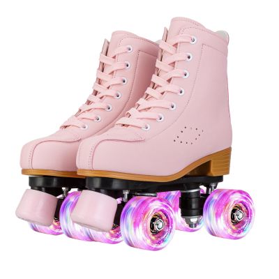 MEIGLQEA Roller Skates for Girls & Women, Cozy PU Leather Pink & Purple Light Up Skates - Indoor/Outdoor, Youth Beginner Girls (36-US Women 6/ Youth 5, Pink)
