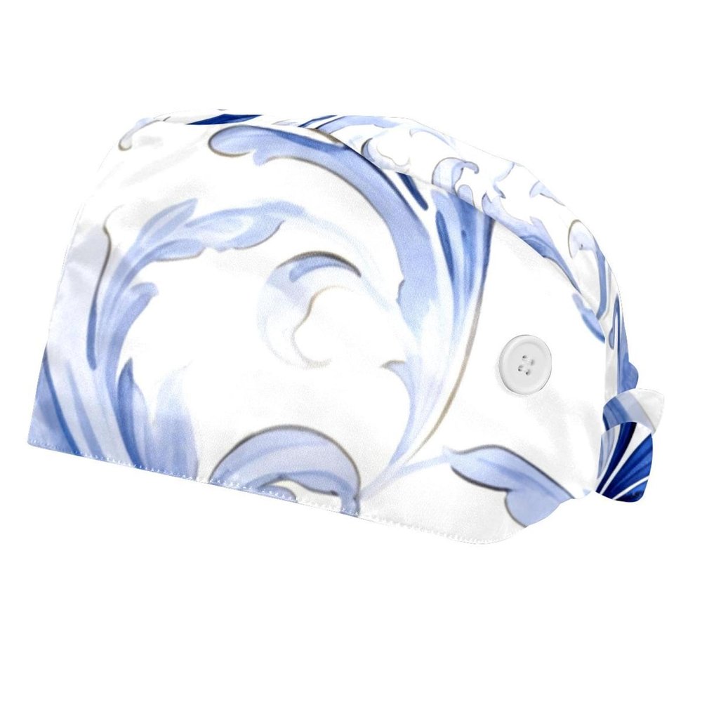 2-Pc,Bouffant Nurse Hats,Scrub Cap Adjustable Scrub Hats with Sweatband,Blue Floral Leaves