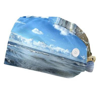 2-Pc,Bouffant Nurse Hats,Scrub Cap Adjustable Scrub Hats with Sweatband,Sand Beach Wave Sea
