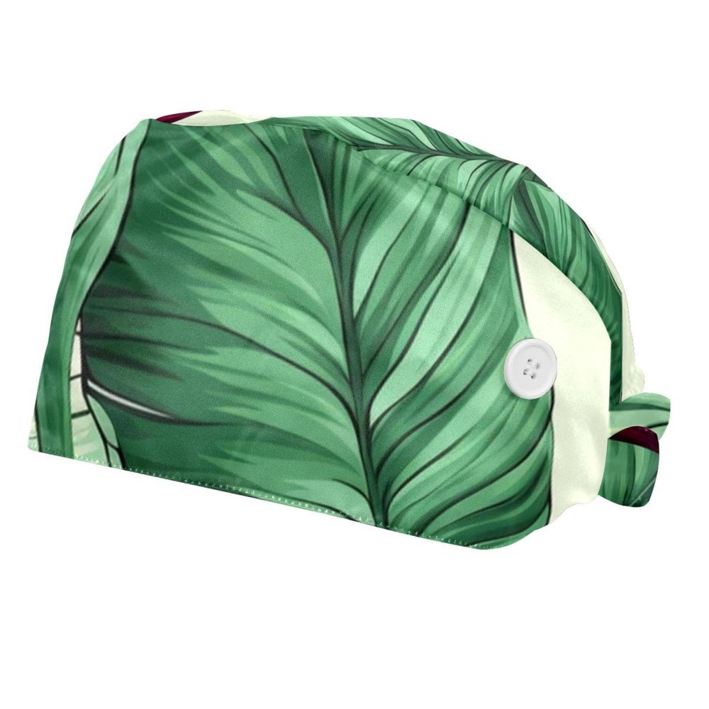 2-Pc,Bouffant Nurse Hats,Scrub Cap Adjustable Scrub Hats with Sweatband,Banana Leaf Flowers Tropical