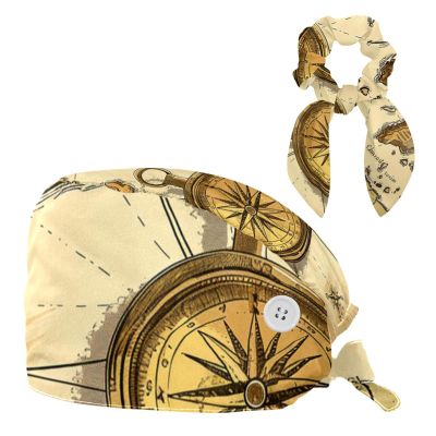 Nursing Hats,Working Cap with Buttons and Cotton Sweatband,Compass and Nautical Map