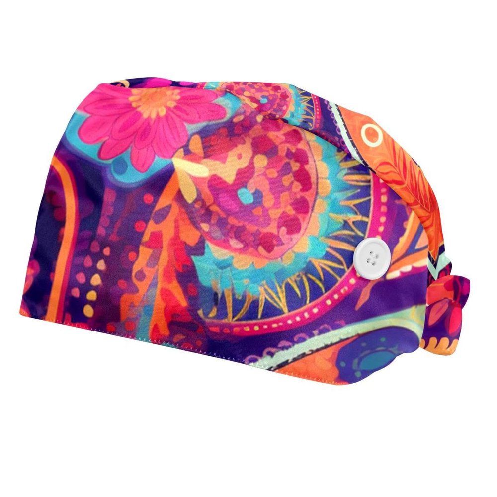 2-Pc,Bouffant Nurse Hats,Scrub Cap Adjustable Scrub Hats with Sweatband,Colorful Paisley Ethnic Floral