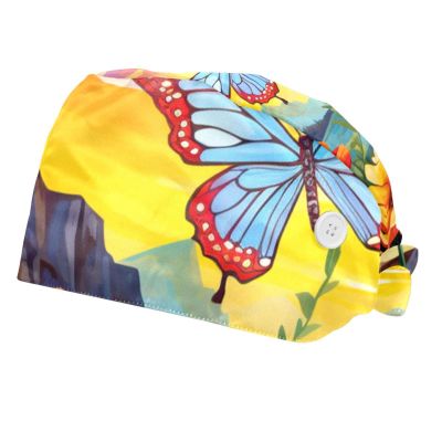 2-Pc,Bouffant Nurse Hats,Scrub Cap Adjustable Scrub Hats with Sweatband,Butterfly Watercolor Flowers