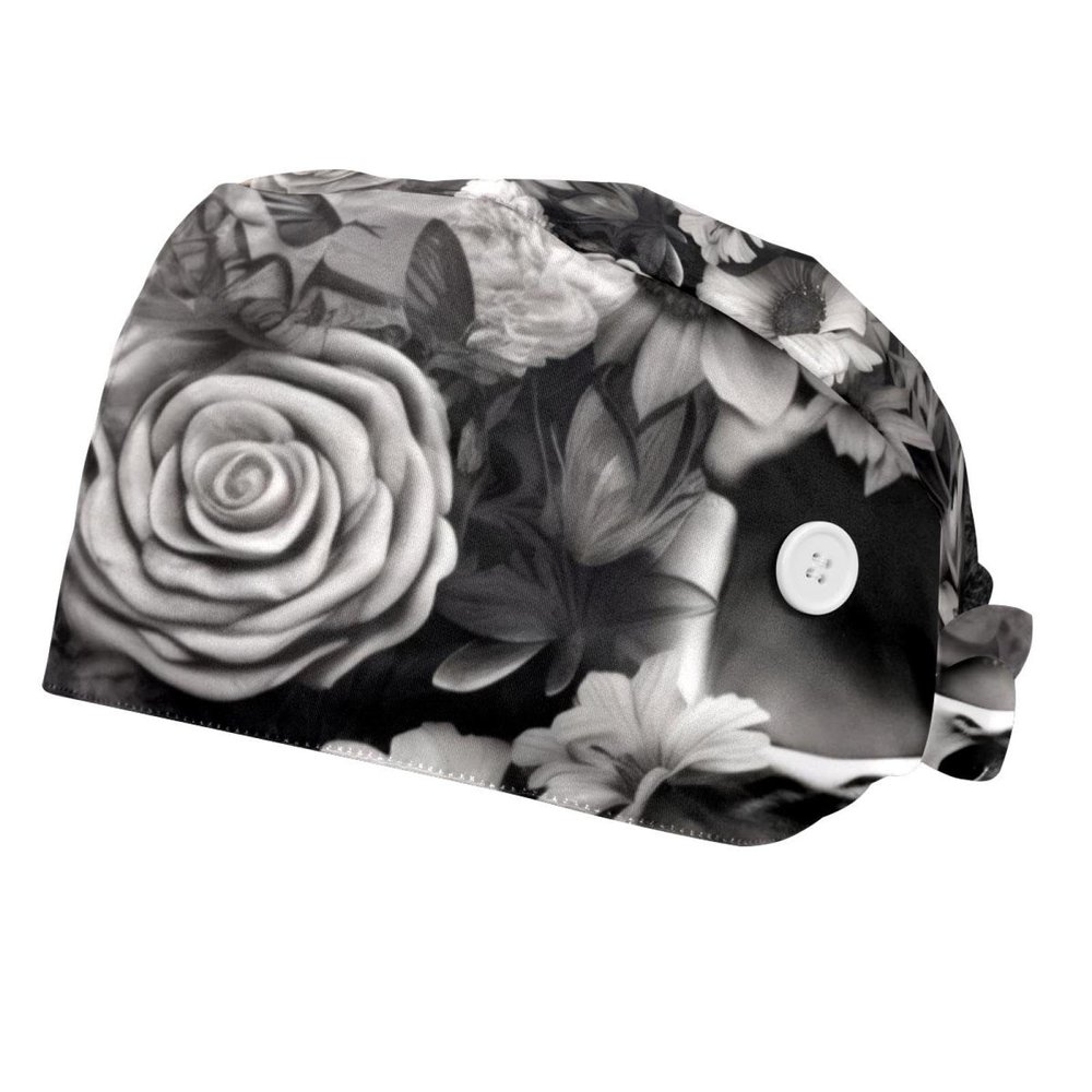 2-Pc,Bouffant Nurse Hats,Scrub Cap Adjustable Scrub Hats with Sweatband,Flower Art Skull Pattern