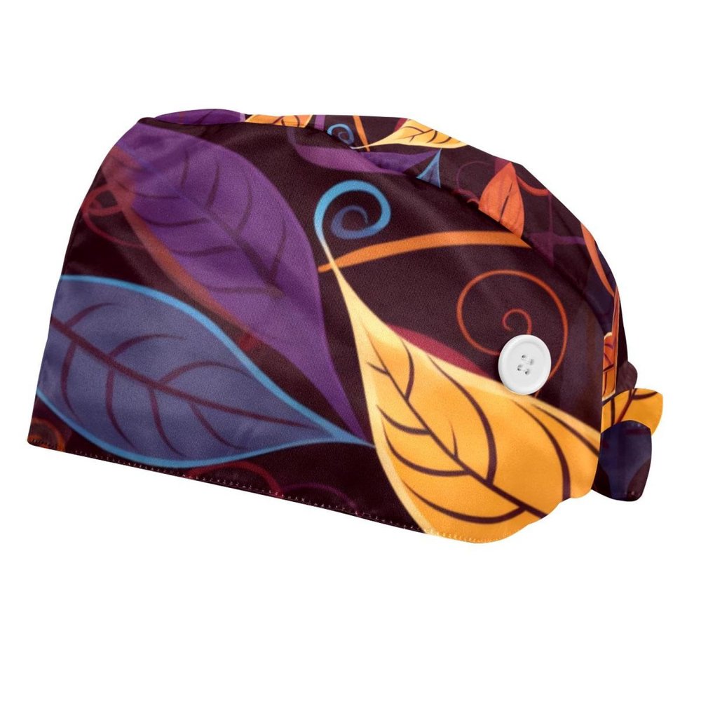 2-Pc,Bouffant Nurse Hats,Scrub Cap Adjustable Scrub Hats with Sweatband,Colorful Art Leaf Pattern