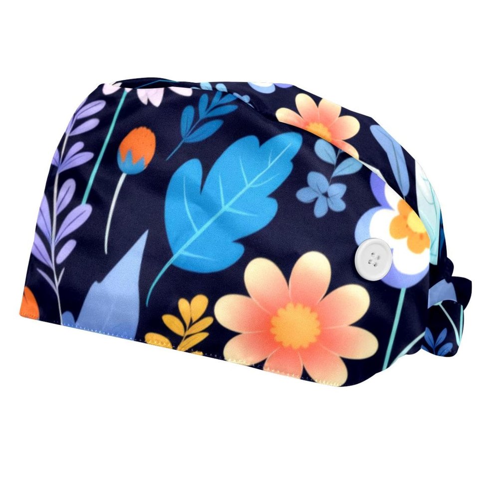 2-Pc,Bouffant Nurse Hats,Scrub Cap Adjustable Scrub Hats with Sweatband,Colorful Leaf Flower Pattern