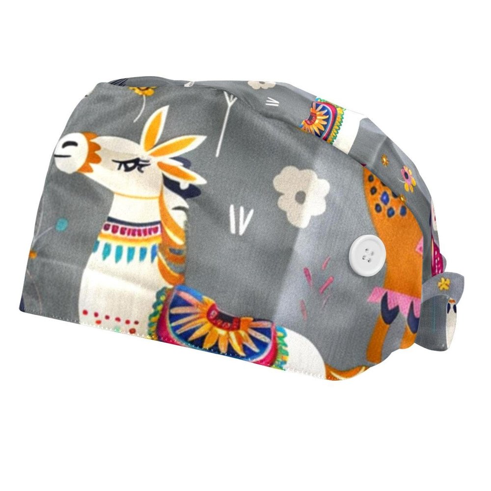 2-Pc,Bouffant Nurse Hats,Scrub Cap Adjustable Scrub Hats with Sweatband,Camel Plant Cartoon Llama