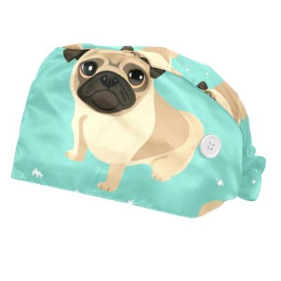 2-Pc,Bouffant Nurse Hats,Scrub Cap Adjustable Scrub Hats with Sweatband,Cartoon Pug Dog Pattern