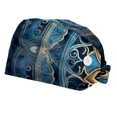2-Pc,Bouffant Nurse Hats,Scrub Cap Adjustable Scrub Hats with Sweatband,Blue Mandala