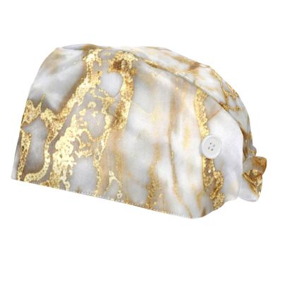 2-Pc,Bouffant Nurse Hats,Scrub Cap Adjustable Scrub Hats with Sweatband,Classic White Gold Marble