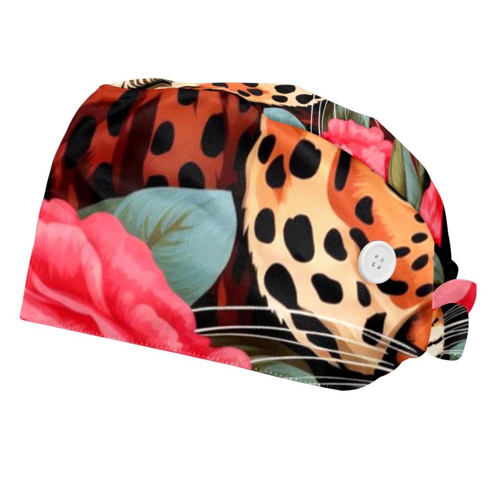 2-Pc,Bouffant Nurse Hats,Scrub Cap Adjustable Scrub Hats with Sweatband,Animal Leopard Rose Flower Illustration