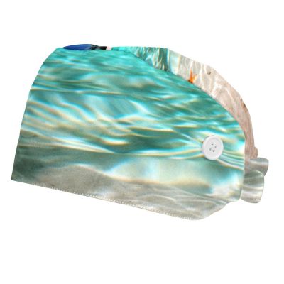 2-Pc,Bouffant Nurse Hats,Scrub Cap Adjustable Scrub Hats with Sweatband,Beach Starfish Sand Sea