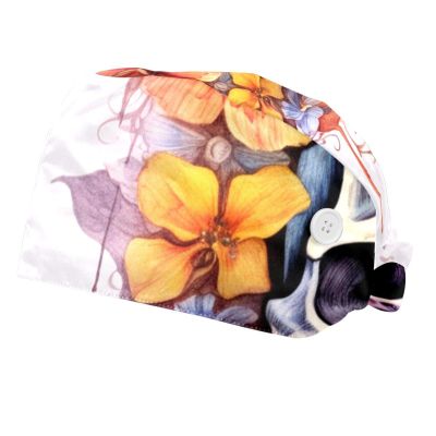 2-Pc,Bouffant Nurse Hats,Scrub Cap Adjustable Scrub Hats with Sweatband,Watercolor Flower Skull
