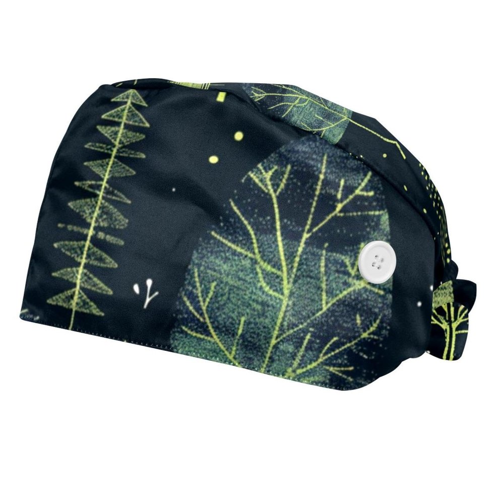 2-Pc,Bouffant Nurse Hats,Scrub Cap Adjustable Scrub Hats with Sweatband,Forest Tree Green Lines