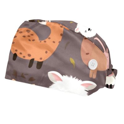 2-Pc,Bouffant Nurse Hats,Scrub Cap Adjustable Scrub Hats with Sweatband,Farm Forest Cartoon Animals