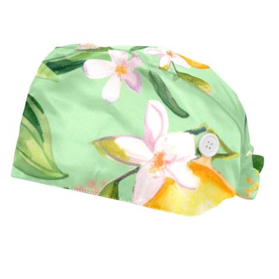 2-Pc,Bouffant Nurse Hats,Scrub Cap Adjustable Scrub Hats with Sweatband,Watercolor Fruits Lemon Leaf