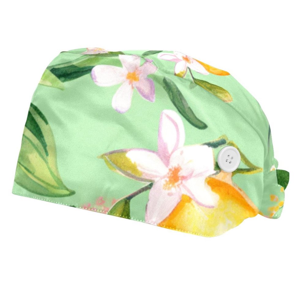 2-Pc,Bouffant Nurse Hats,Scrub Cap Adjustable Scrub Hats with Sweatband,Watercolor Fruits Lemon Leaf