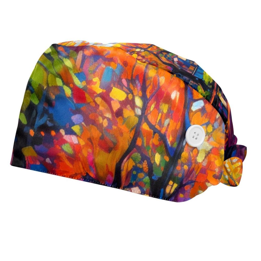 2-Pc,Bouffant Nurse Hats,Scrub Cap Adjustable Scrub Hats with Sweatband,Autumn Tree Watercolor Painting