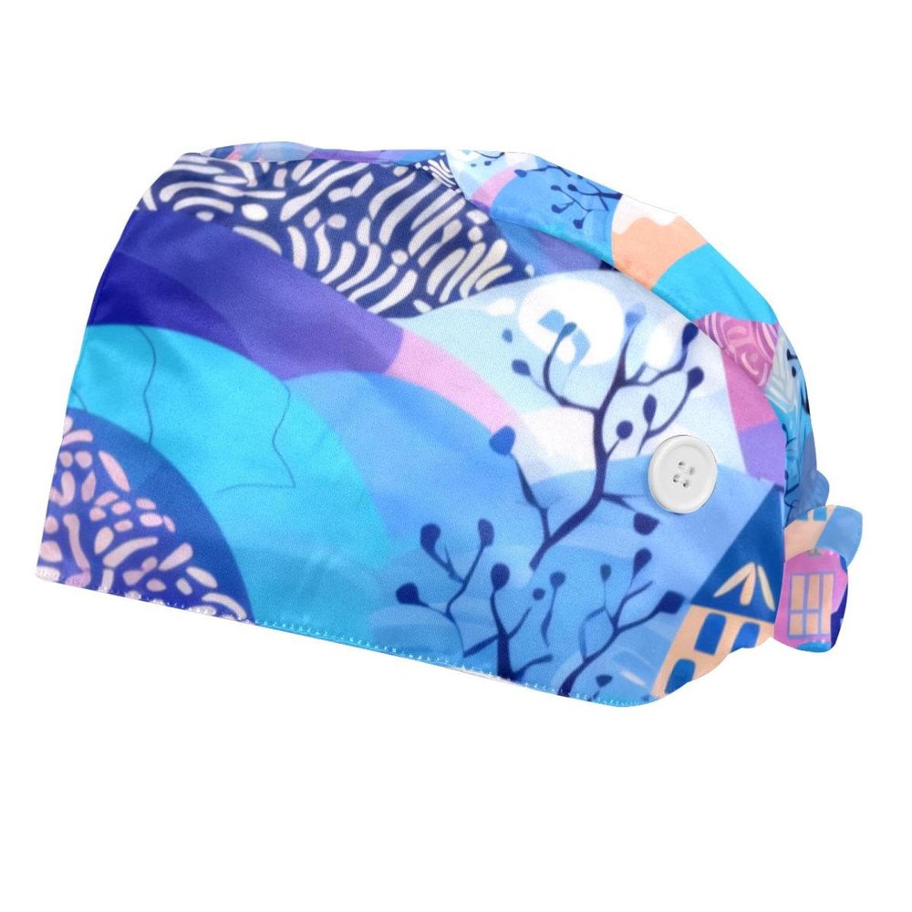 2-Pc,Bouffant Nurse Hats,Scrub Cap Adjustable Scrub Hats with Sweatband,Abstract City Floral Striped