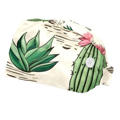 2-Pc,Bouffant Nurse Hats,Scrub Cap Adjustable Scrub Hats with Sweatband,Watercolor Plant Cactus
