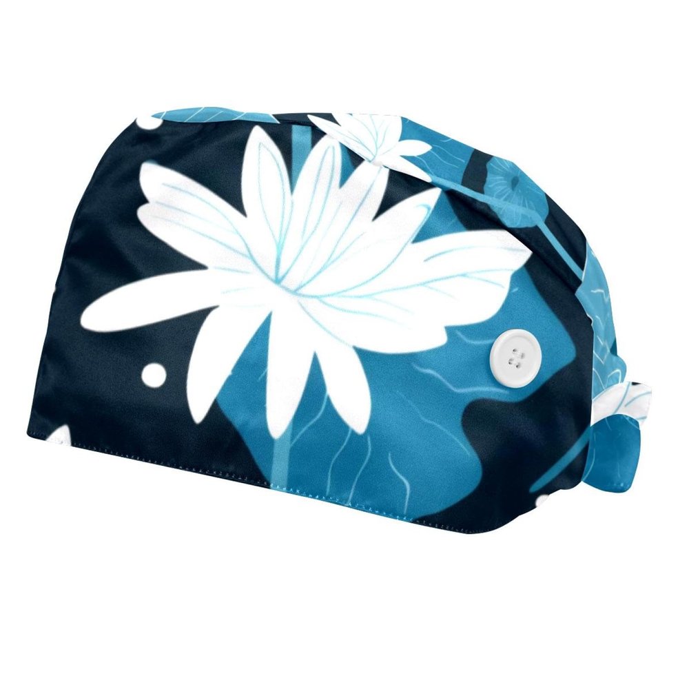 2-Pc,Bouffant Nurse Hats,Scrub Cap Adjustable Scrub Hats with Sweatband,Animal Frog Blue Leaf Pattern