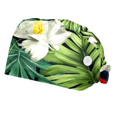 2-Pc,Bouffant Nurse Hats,Scrub Cap Adjustable Scrub Hats with Sweatband,Bird Stripe Tropical Parrot