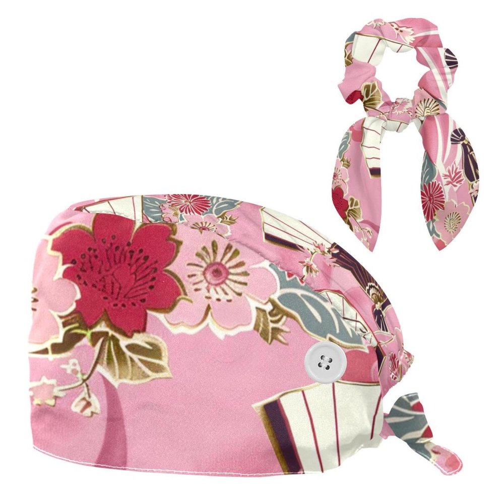 YTYVAGT Nursing Hats,Working Cap with Buttons and Cotton Sweatband,Flower Fan Pink Texture