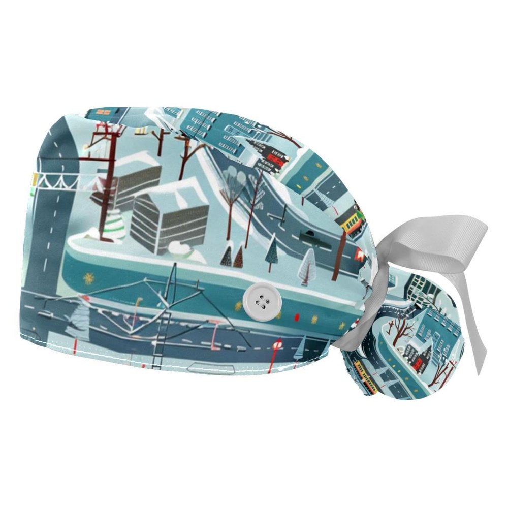 2-Pc,Bouffant Turban Hats,Tie Back Hat with Buttons,Fishing Hat,Cartoon Train Railway Game Mat