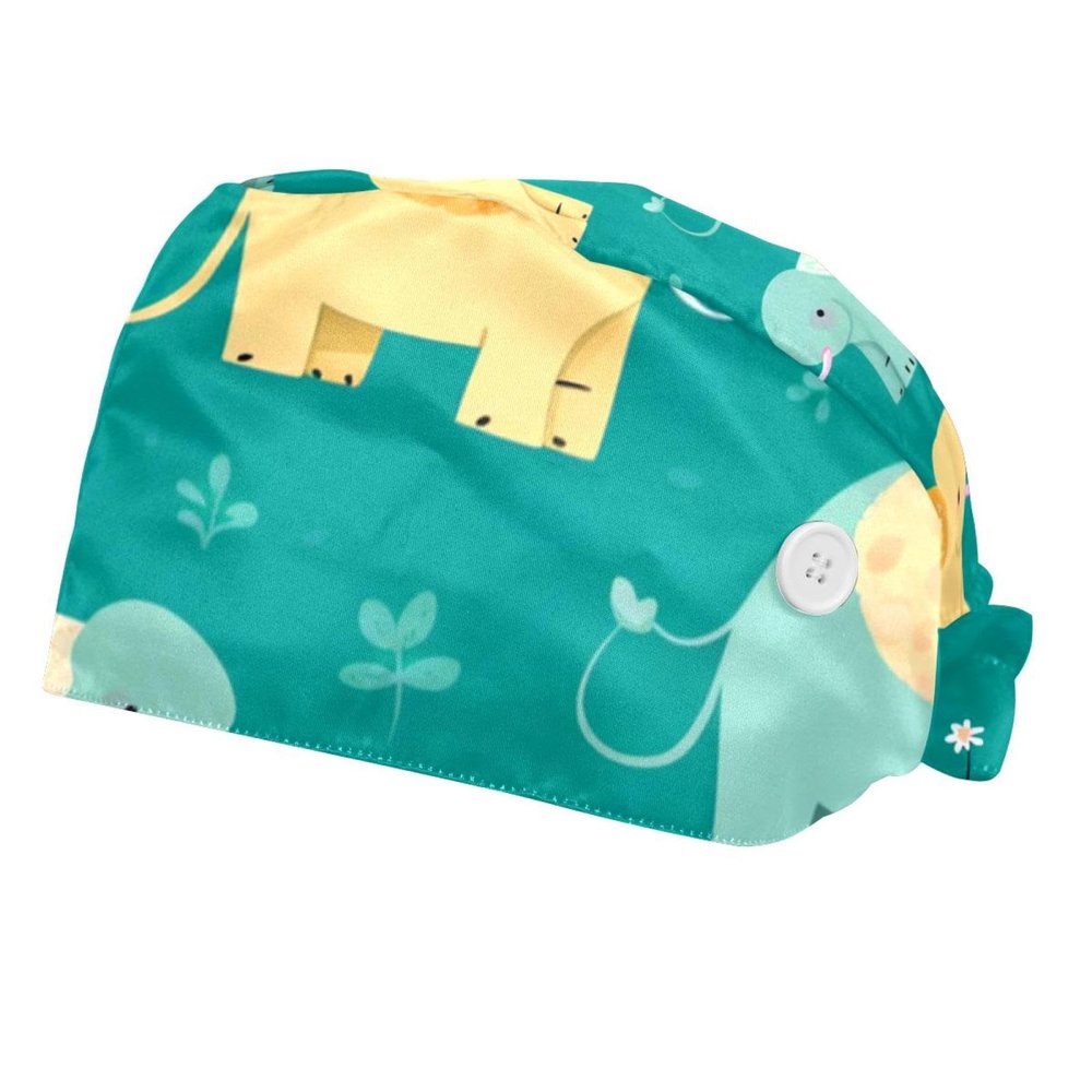 2-Pc,Bouffant Nurse Hats,Scrub Cap Adjustable Scrub Hats with Sweatband,Elephant Green Background