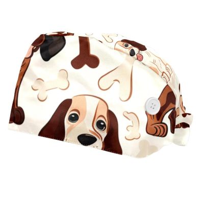 2-Pc,Bouffant Nurse Hats,Scrub Cap Adjustable Scrub Hats with Sweatband,Cartoon Dog and Bone