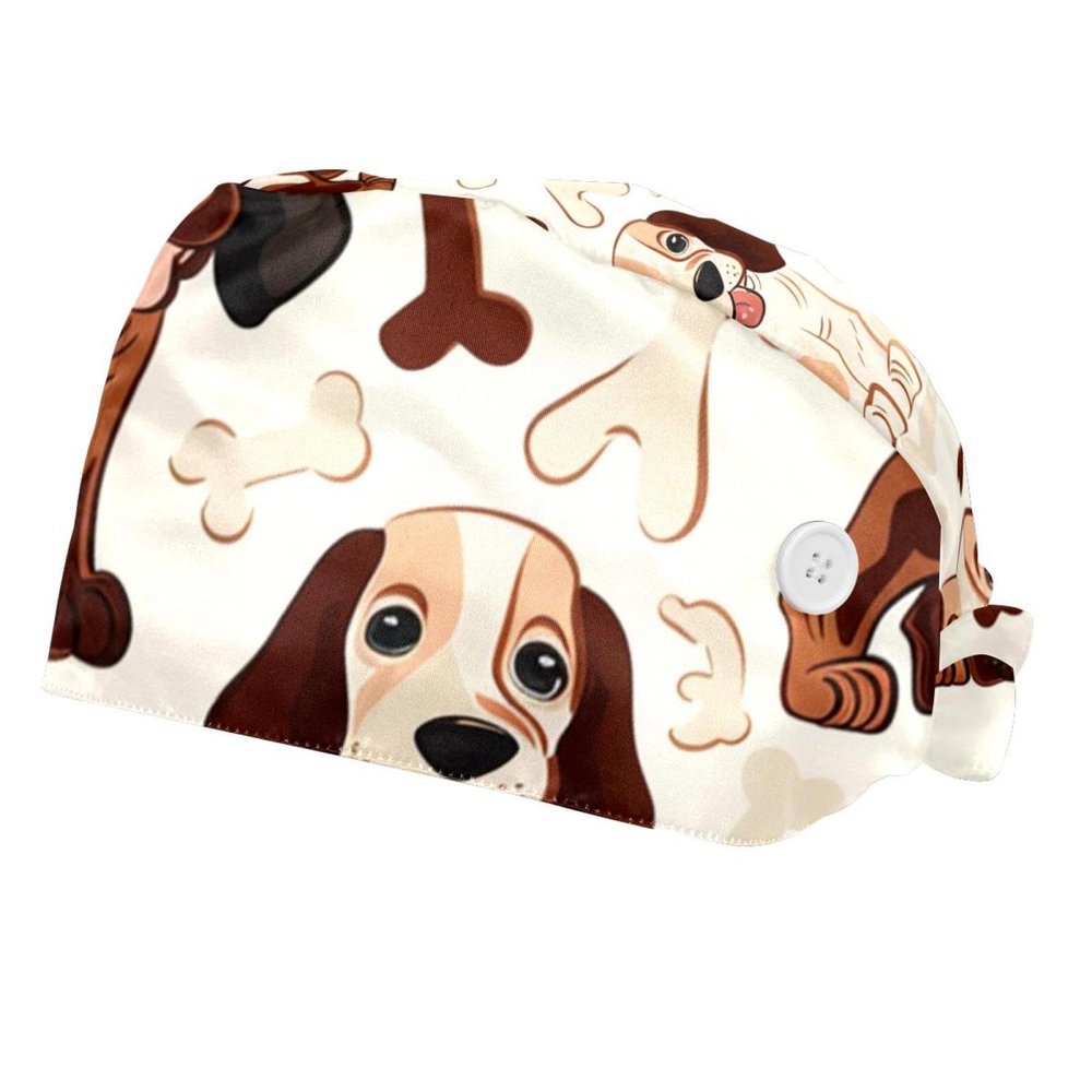 2-Pc,Bouffant Nurse Hats,Scrub Cap Adjustable Scrub Hats with Sweatband,Cartoon Dog and Bone