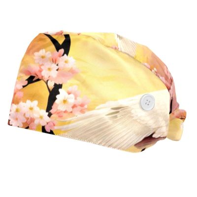 2-Pc,Bouffant Nurse Hats,Scrub Cap Adjustable Scrub Hats with Sweatband,Flower Crane Fuji Japanese Style